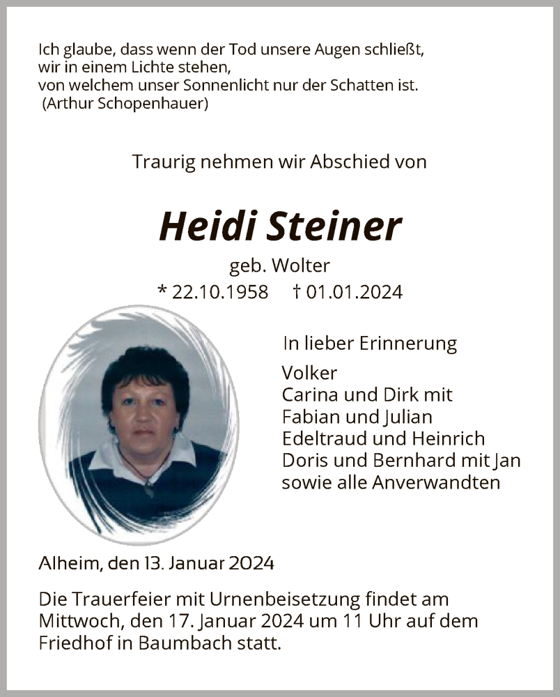  Traueranzeige für Heidi Steiner vom 13.01.2024 aus HNAHNA