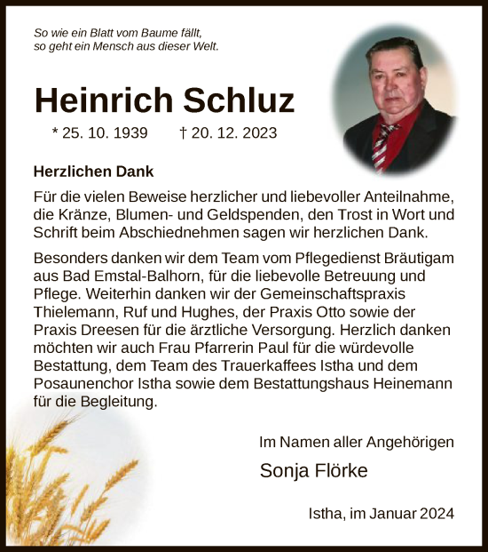 Traueranzeige von Heinrich Schluz von HNA
