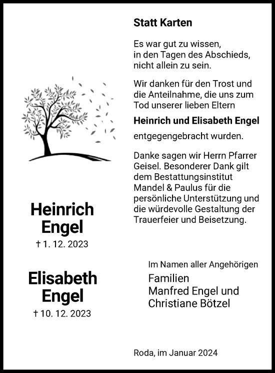 Traueranzeige von Heinrich und Elisabeth Engel von HNA