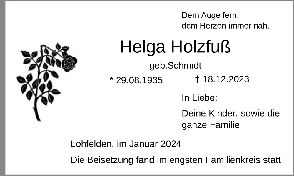  Traueranzeige für Helga Holzfuß vom 13.01.2024 aus HNA