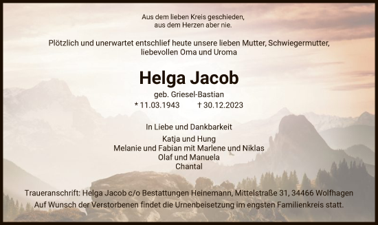 Traueranzeige von Helga Jacob von HNA