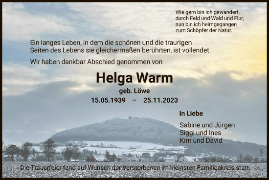 Traueranzeige von Helga Warm von HNA