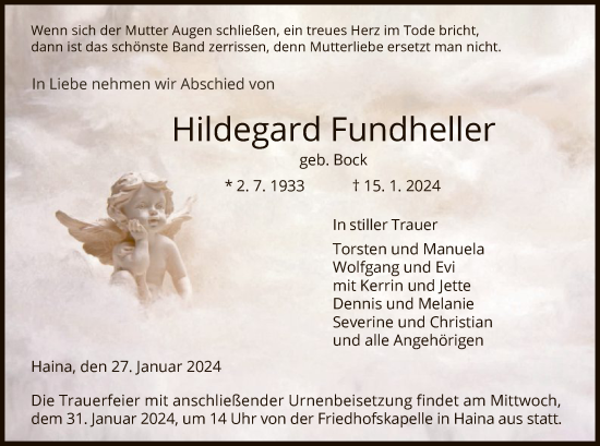 Traueranzeige von Hildegard Fundheller von HNA