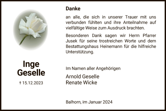 Traueranzeige von Inge Geselle von HNA