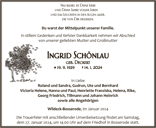 Traueranzeige von Ingrid Schönlau von HNAHNA