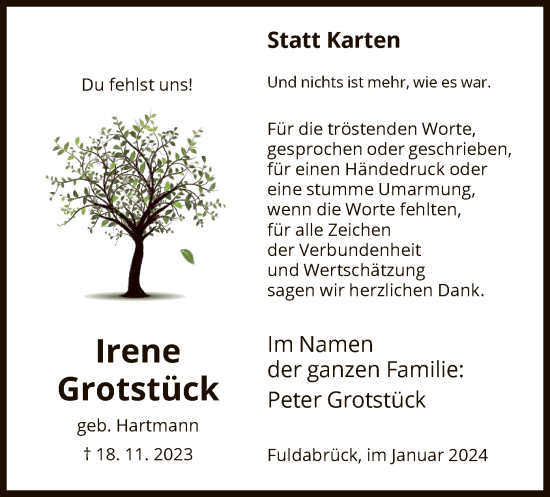 Traueranzeige von Irene Grotstück von HNA