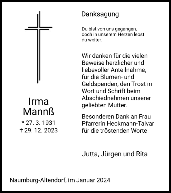 Traueranzeige von Irma Mannß von HNA