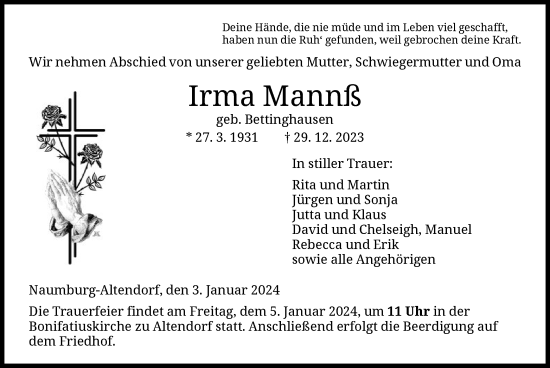 Traueranzeige von Irma Mannß von HNA