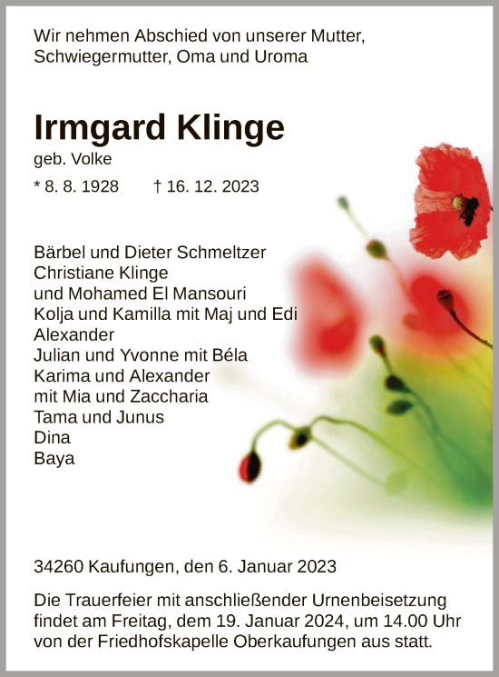 Traueranzeige von Irmgard Klinge von HNA