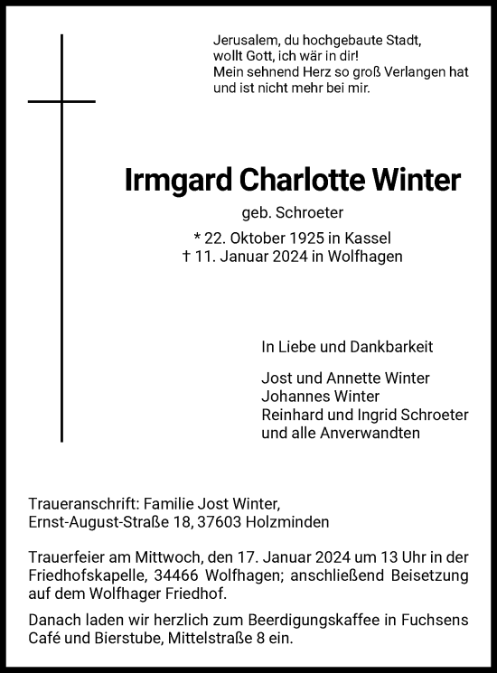 Traueranzeige von Irmgard Charlotte Winter von HNA