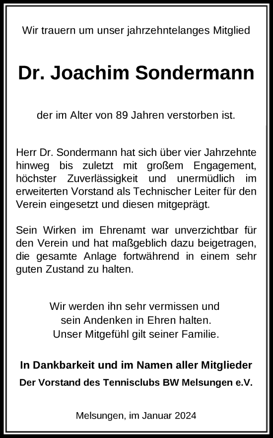 Traueranzeige von Joachim Sondermann von HNA