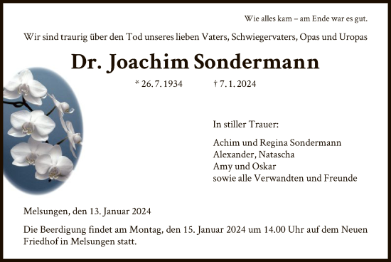 Traueranzeige von Joachim Sondermann von HNA