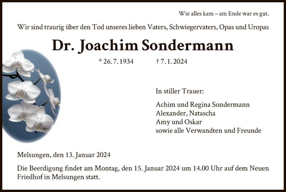  Traueranzeige für Joachim Sondermann vom 13.01.2024 aus HNA