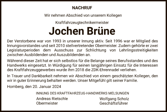 Traueranzeige von Jochen Brüne von HNA