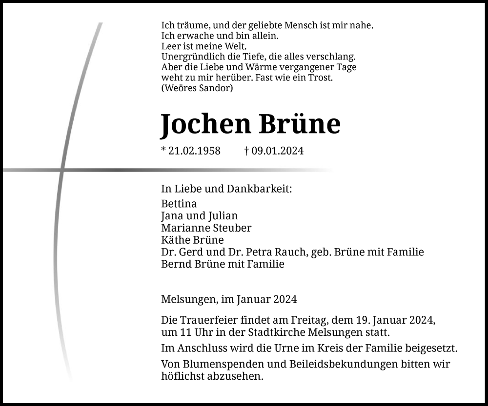  Traueranzeige für Jochen Brüne vom 17.01.2024 aus HNA