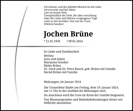 Traueranzeige von Jochen Brüne von HNA