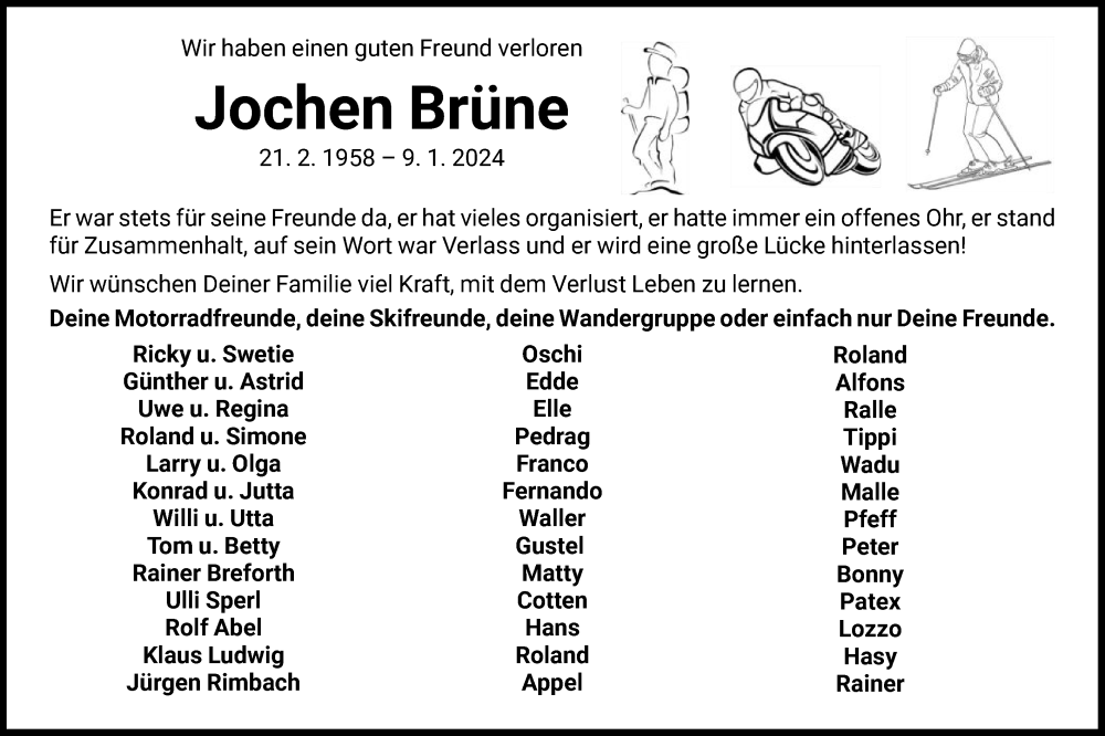  Traueranzeige für Jochen Brüne vom 18.01.2024 aus HNA