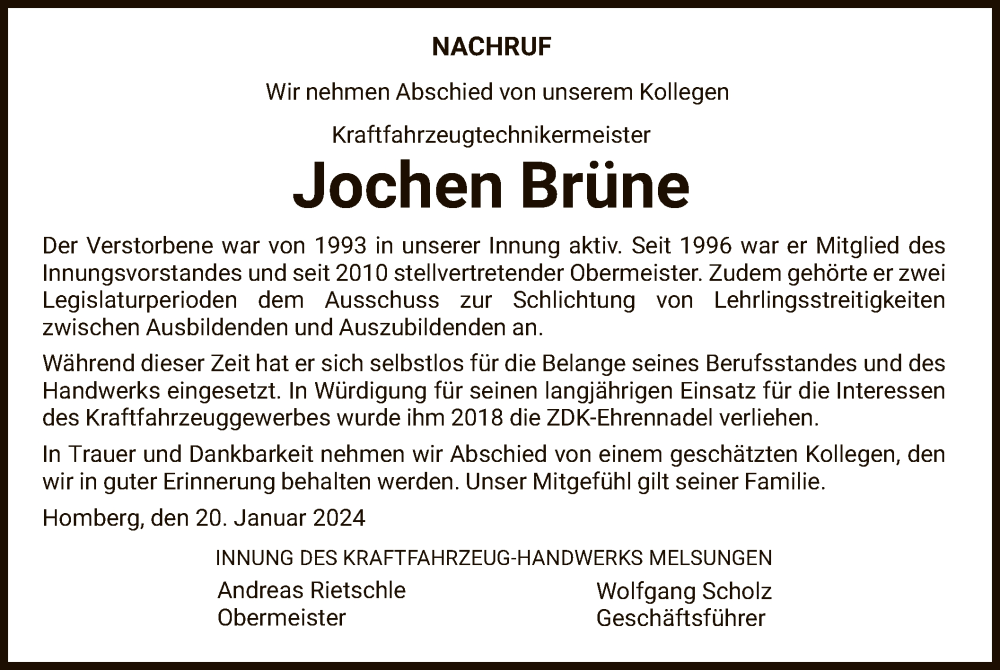  Traueranzeige für Jochen Brüne vom 20.01.2024 aus HNA