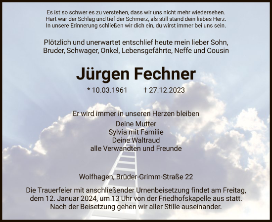 Traueranzeige von Jürgen Fechner von HNA