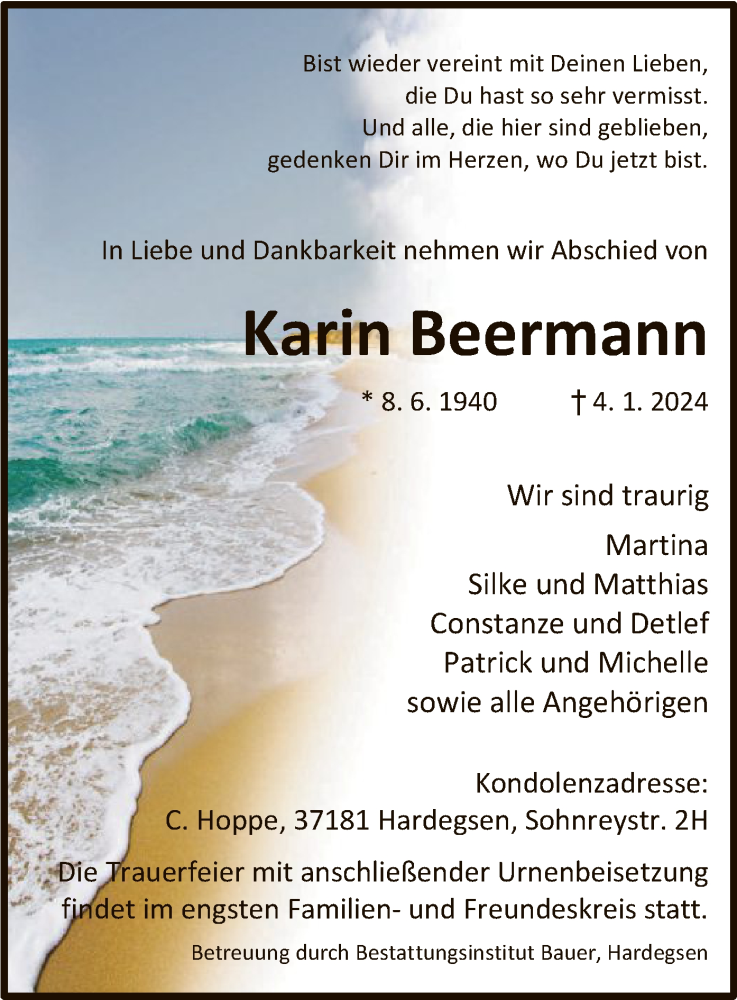  Traueranzeige für Karin Beermann vom 13.01.2024 aus HNA