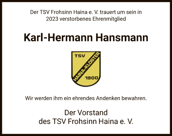 Traueranzeige von Karl-Hermann Hansmann von HNA