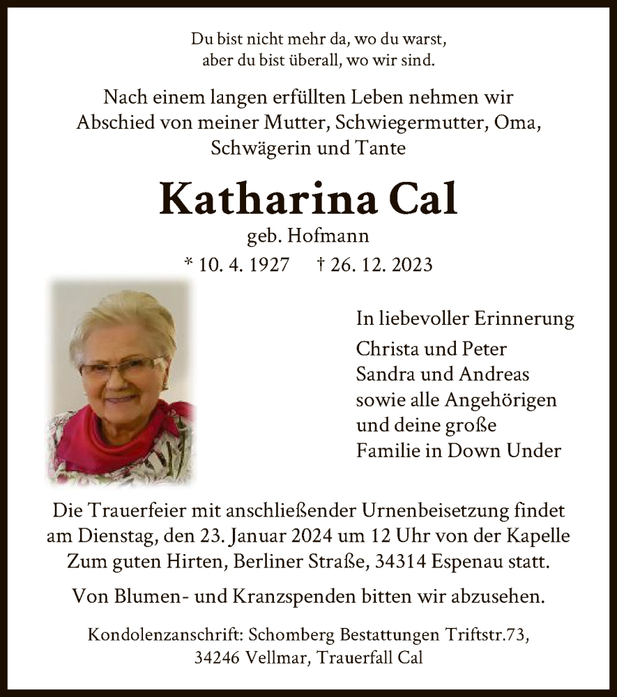  Traueranzeige für Katharina Cal vom 20.01.2024 aus HNA