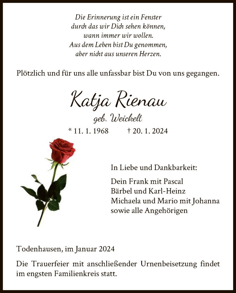  Traueranzeige für Katja Rienau vom 29.01.2024 aus HNAHNA
