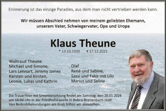 Traueranzeige von Klaus Theune von HNAHNA