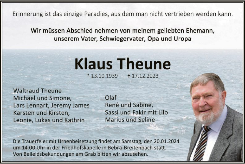  Traueranzeige für Klaus Theune vom 17.01.2024 aus HNAHNA