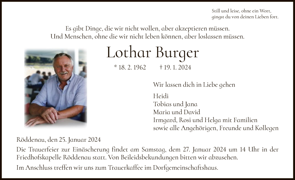  Traueranzeige für Lothar Burger vom 25.01.2024 aus HNA