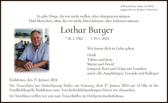 Traueranzeige von Lothar Burger von HNA