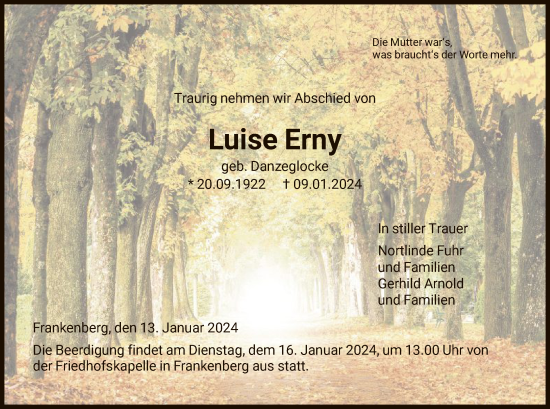 Traueranzeige von Luise Erny von HNA