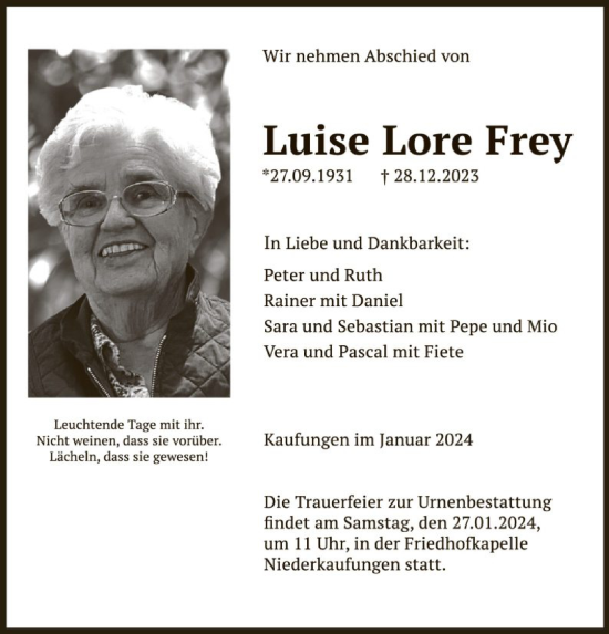 Traueranzeige von Luise Lore Frey von HNA