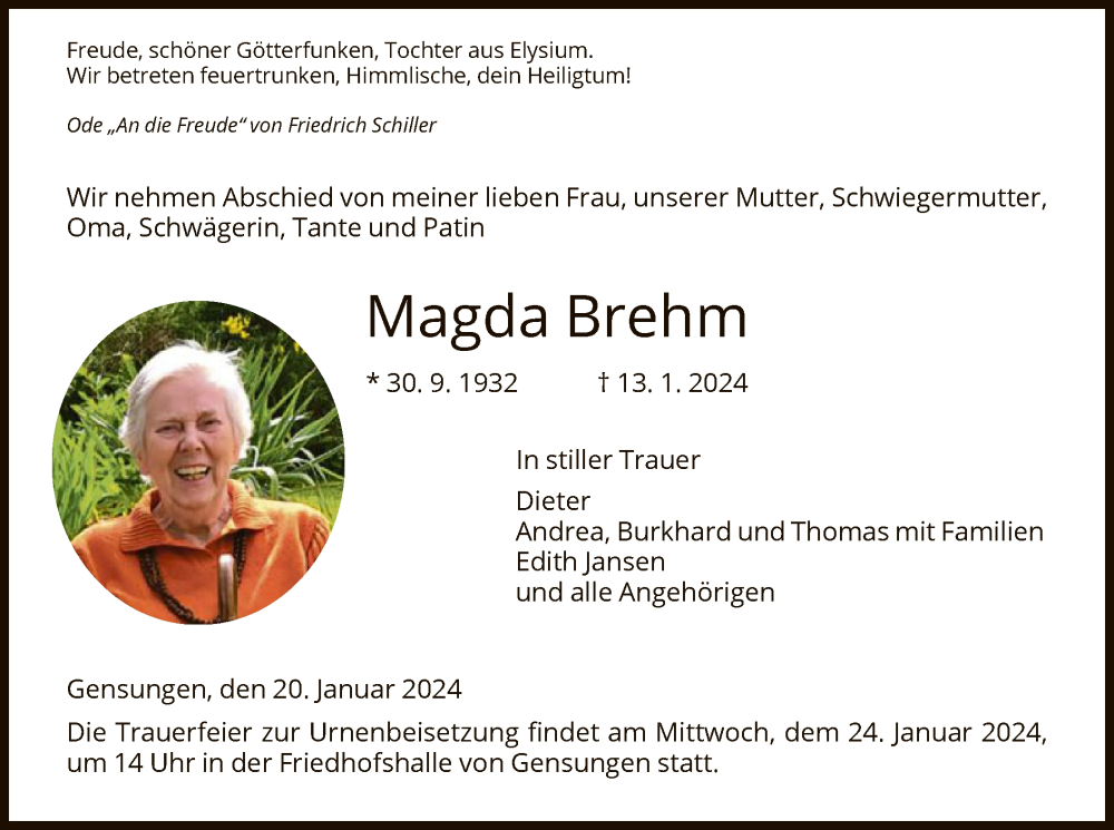  Traueranzeige für Magda Brehm vom 20.01.2024 aus HNA
