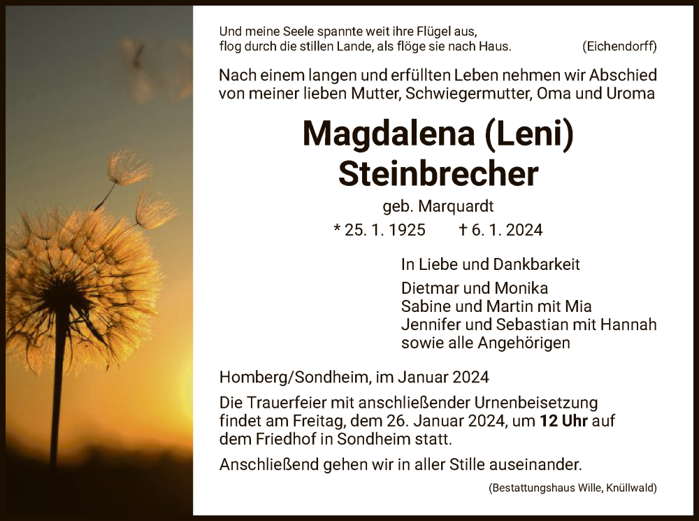  Traueranzeige für Magdalena Steinbrecher vom 20.01.2024 aus HNA
