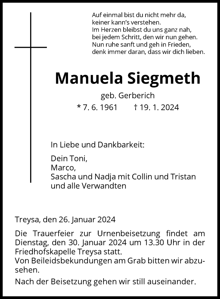  Traueranzeige für Manuela Siegmeth vom 26.01.2024 aus HNA