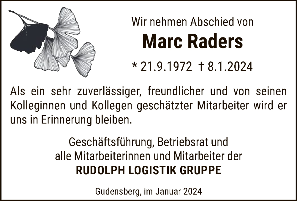  Traueranzeige für Marc Raders vom 27.01.2024 aus HNA