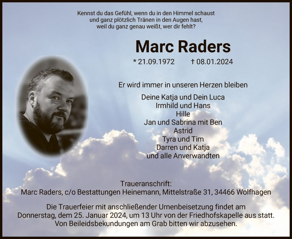  Traueranzeige für Marc Raders vom 20.01.2024 aus HNA