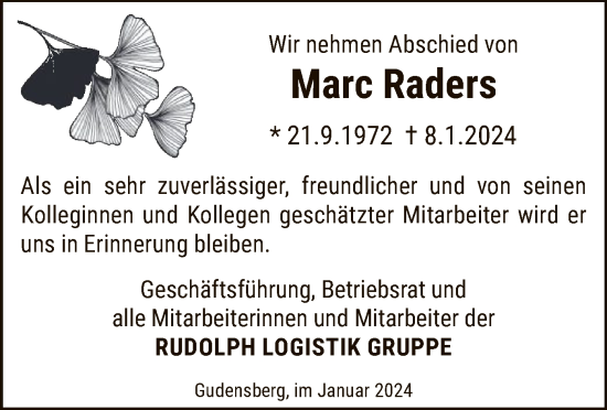 Traueranzeige von Marc Raders von HNA