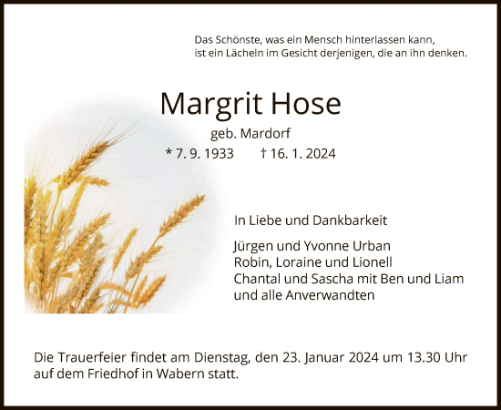 Traueranzeige von Margrit Hose von HNA