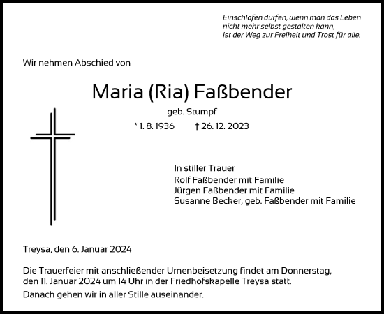 Traueranzeige von Maria Faßbender von HNA