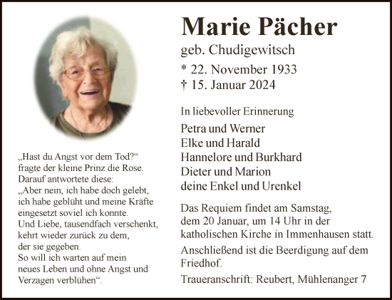 Traueranzeige von Marie Pächer von HNA