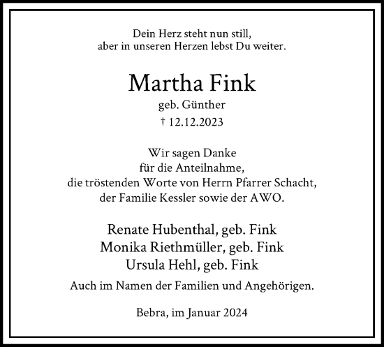 Traueranzeige von Martha Fink von HNAHNA