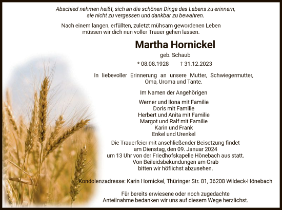 Traueranzeige von Martha Hornickel von HNAHNA