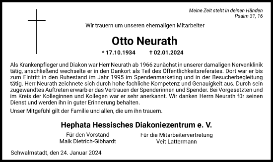 Traueranzeige von Otto Neurath von HNA