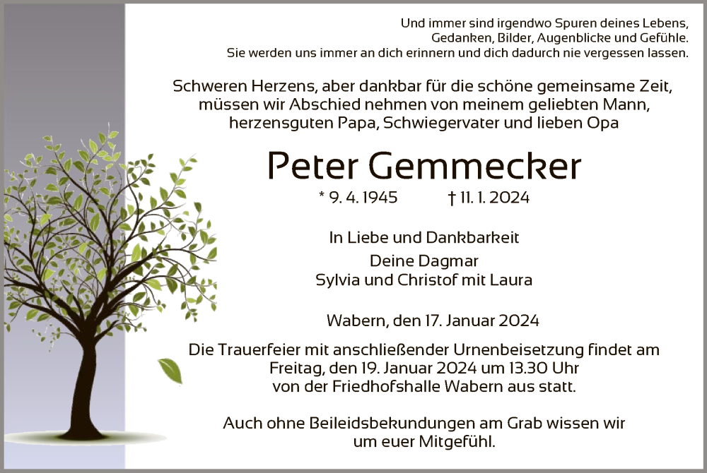  Traueranzeige für Peter Gemmecker vom 17.01.2024 aus HNA