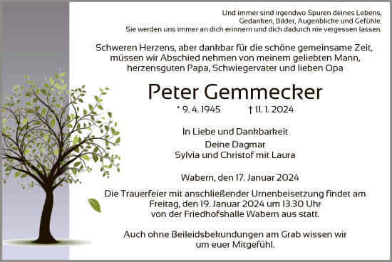 Traueranzeige von Peter Gemmecker von HNA