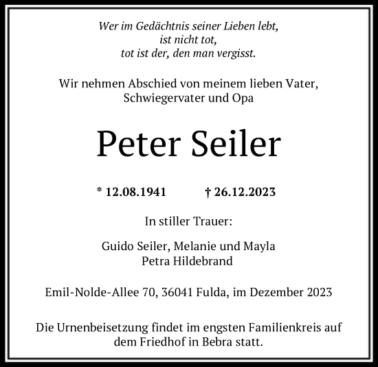 Traueranzeige von Peter Seiler von HNA