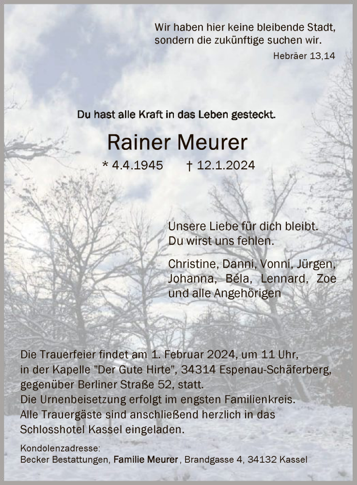  Traueranzeige für Rainer Meurer vom 24.01.2024 aus HNAHNAHNA