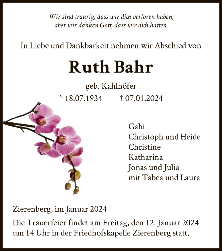  Traueranzeige für Ruth Bahr vom 10.01.2024 aus HNA